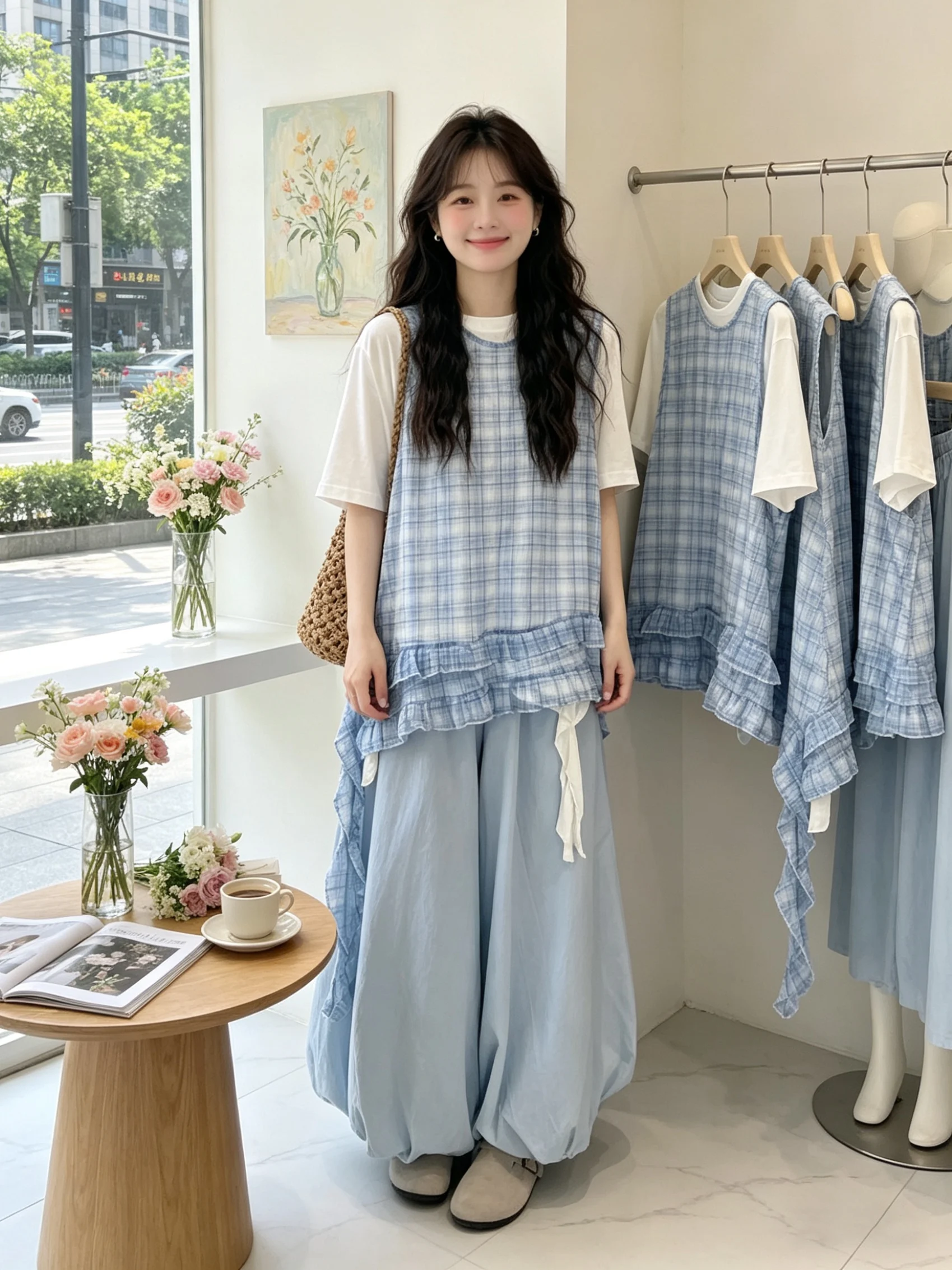 

Summer Floral Print Three-Piece Set Korean Plaid Lace Trim Tank Top T-Shirt Bloom Pants Women's Fashion Ensemble Breathable P...