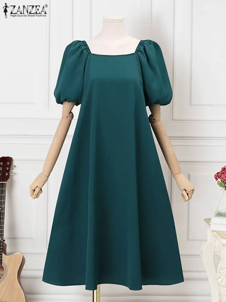 ZANZEA damska krótki bufiasty rękaw impreza Vestidos z kwadratowym dekoltem Midi sukienka elegancka koreańska moda rekreacyjna w jednolitym fartuchowym stylu