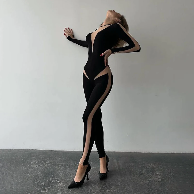 Women's Long jumpsuits elegant see through monkeys fashion Party full length pants sexy tight long sleeve enterito trousers sets