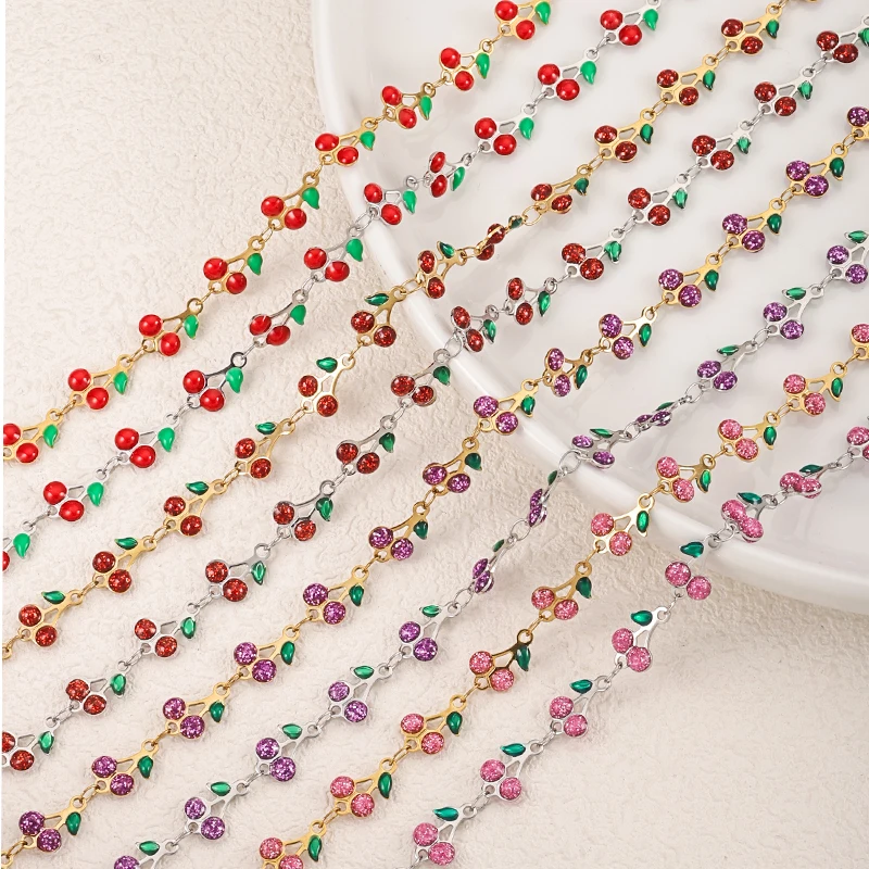 

2meters 18K Gold Plated Stainless Steel Chain Enamel Cherry DIY Jewelry Findings for Necklace Bracelet Choker Anklet Making
