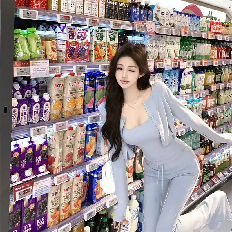 

Casual Pants Suit Women's Summer Long-sleeved Cardigan Tank Top High Waisted Flared Pants Three-piece Set Fashion Female Clothes