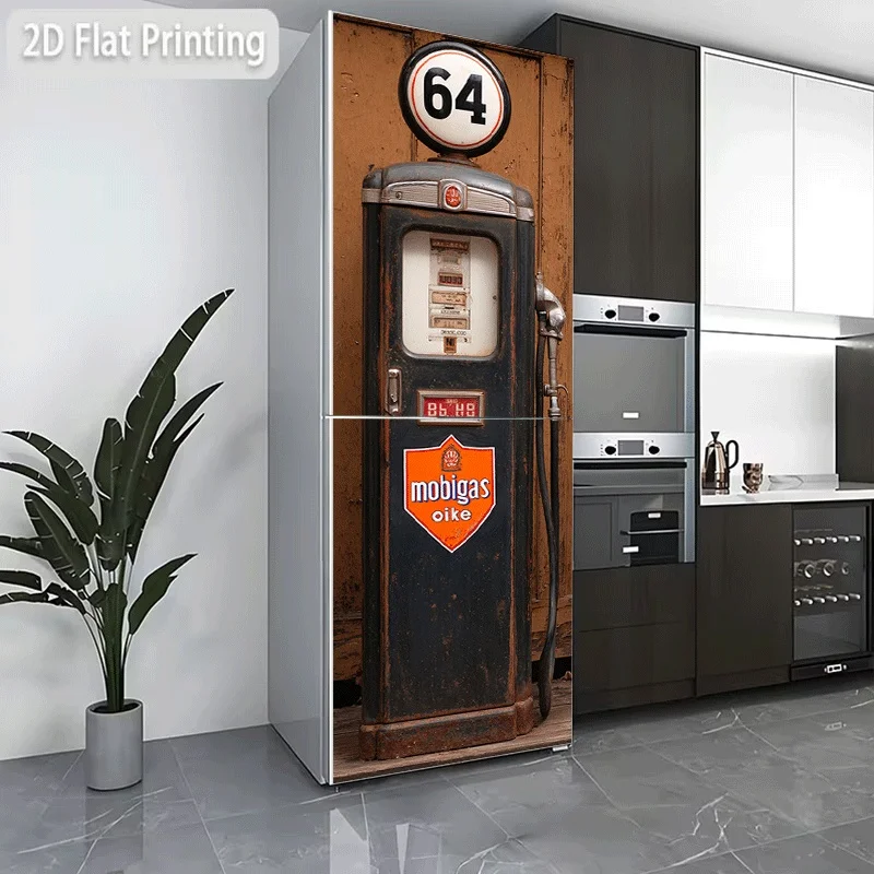 Refrigerator Sticker [60×180 Cm] Retro Old Gas Station Theme Design Wall Sticker Decoration Wallpaper Self-Adhesive Refrigerat