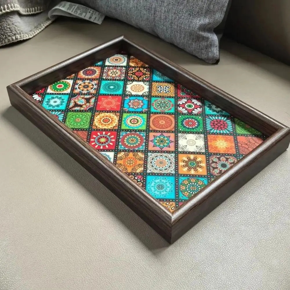Bohemian Style Wooden Tray Handmade 30x20cm Jewelry Storage Tray Square Snack Tray for Desktop Foyer Decoration Home Storage