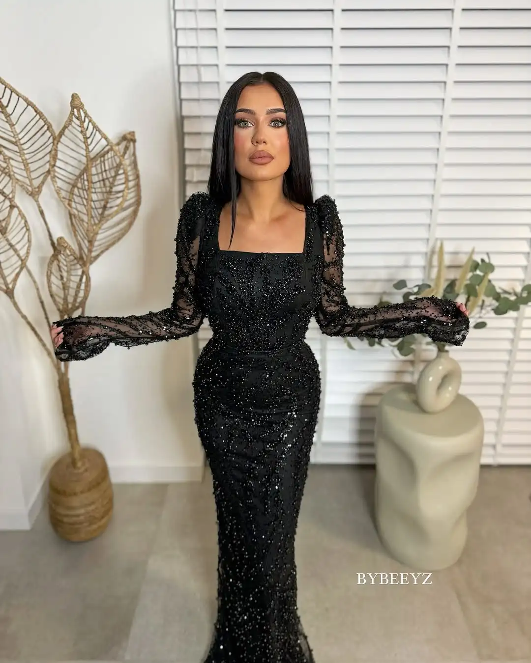 BABYONLINE Customzied Eveing Dress Women Luxury Long Sleeve Elegant party dresses Full Crystals Sheath Mermaid Long Formal Abiye image 4