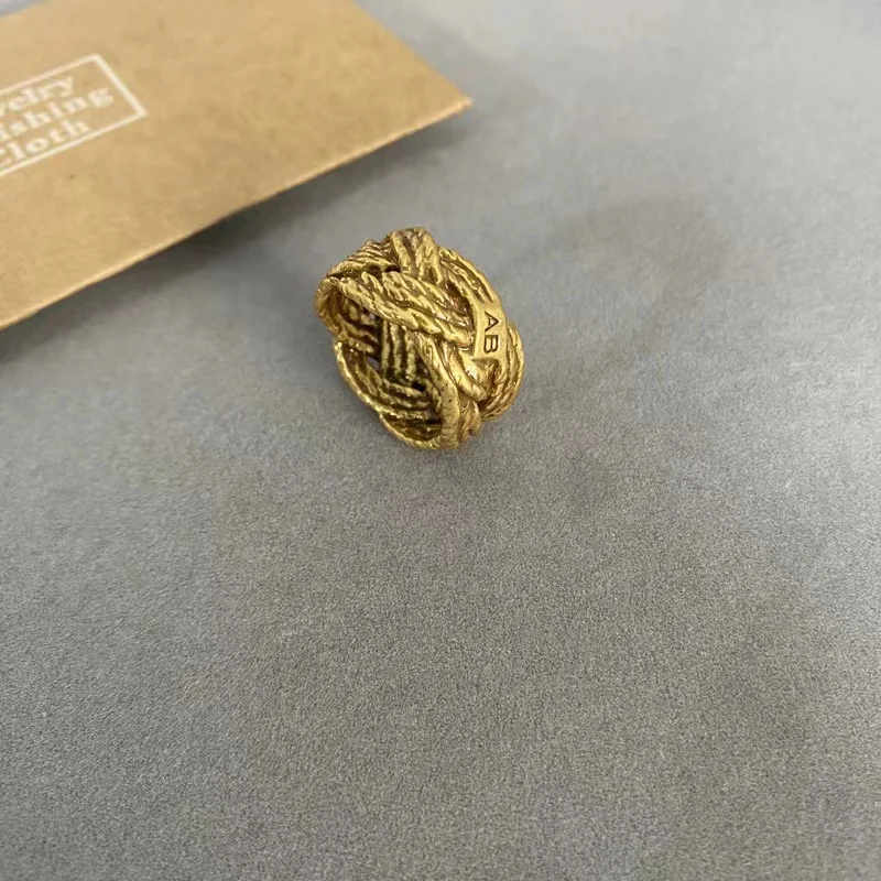 French Retro Twist Wound Metallic Ring Wheat Ear Woven Finger Loop Powder Crystal Ring Turquoise Rings Finger Accessories