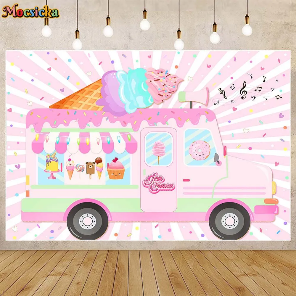 

Mocsicka Pink Ice Cream Truck Backdrop Girl Birthday Party Decor Photo Background Dessert Table Banner Kid Wallpaper Shoot Props