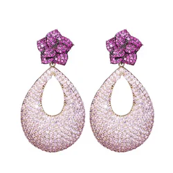 CWWZircons Flower CZ Long Dangle Drop Earrings for Women Bridal Elegant Red Pink Inlay Cubic Zirconia Summer Party Jewelry E0416