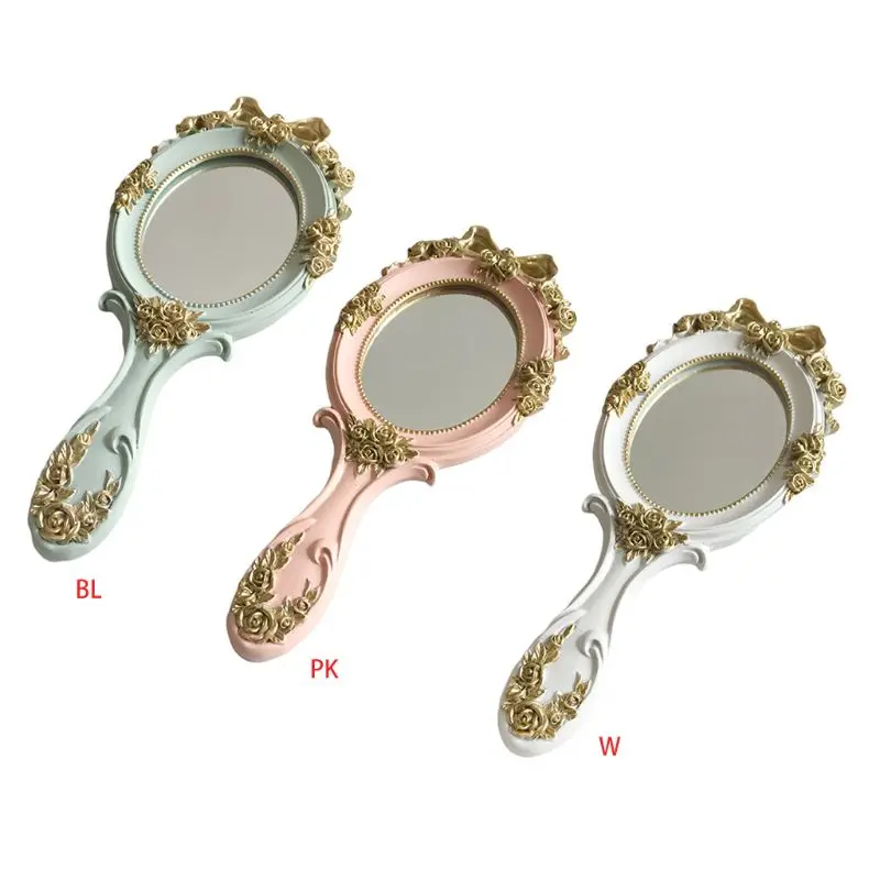 CX119 European Style Vintage Handheld Roses Mirror Princess Women Girls Oval Vanity Makeup Cosmetic Tool with Anti-Slip Handle