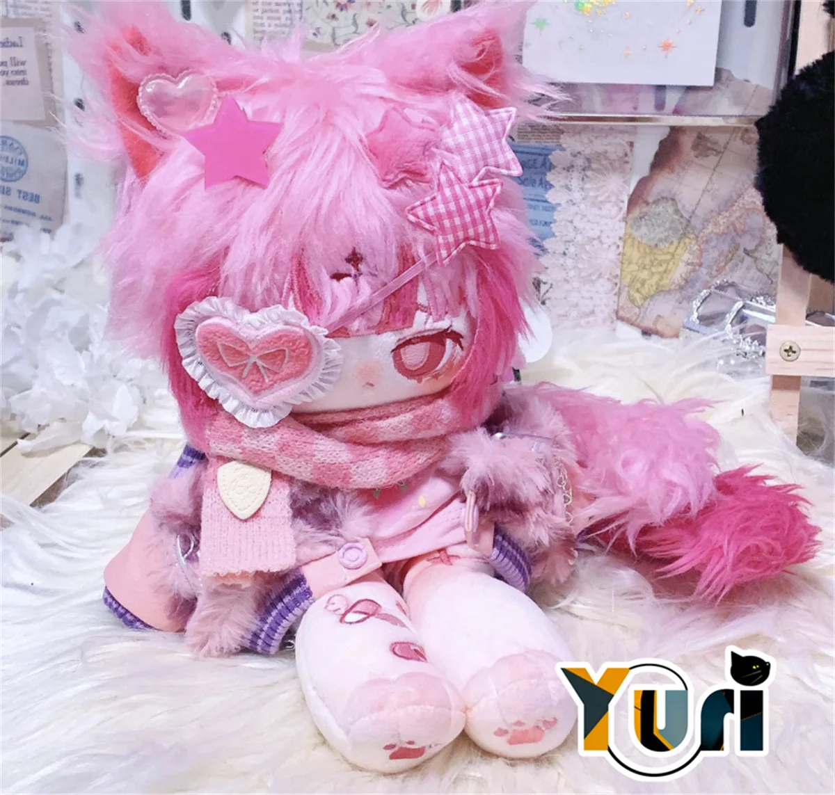 

Anime Jiu Pink Cat Heart Eye Patch Princess Fairy Girl Stuffed 30cm Long legs Plushies Plush Cotton Doll Body Toy For Kids Gifts