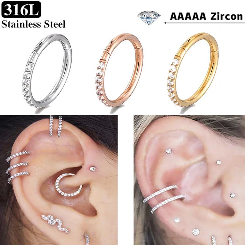 10PCS Stainless Steel Zircon CZ Earrings Woman Nose Septum Clicker Ring Round Circle Earring Hoops Ear Piercing Jewelry