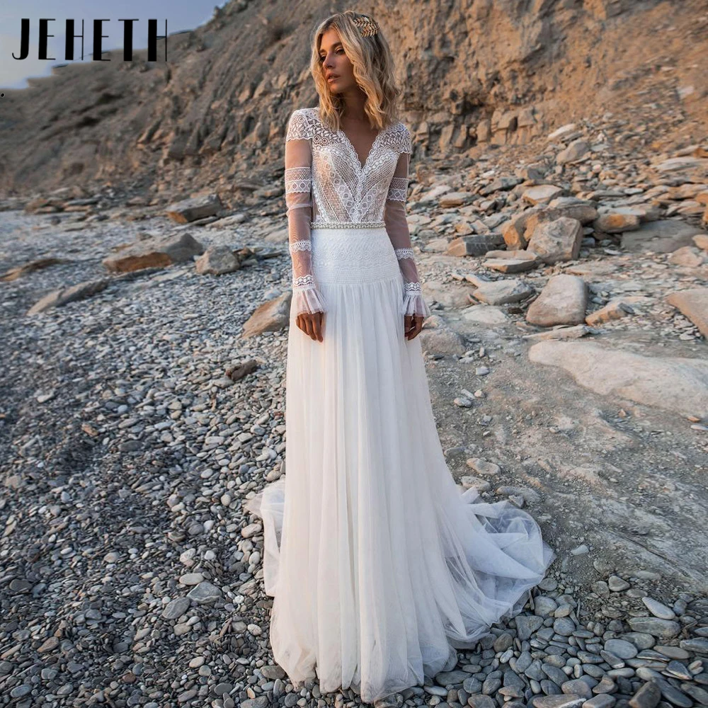 JEHETH Princess a-line abiti da sposa in pizzo affascinante abito da sposa senza schienale con scollo a v maniche lunghe Vestidos De Novia Custom Made 2024JEHETH Principessa A-Line Pizzo Abiti da sposa Charming V-Neck