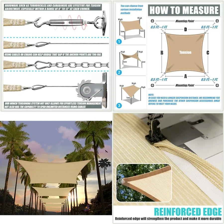

16' x 16' Beige Rectangle Square Sun Shade Sail Canopy Awning Fabric Mesh AGSLR, 95 UV Blockage, Water Air Permeable, 200GSM He