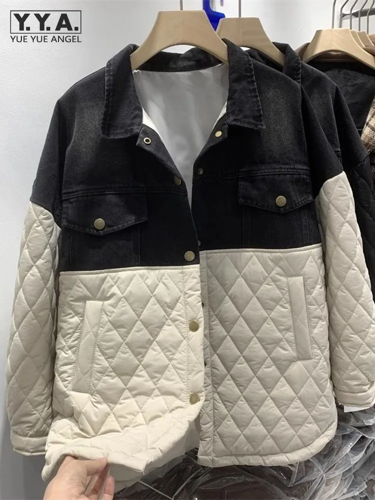 

Women Winter Casual Warm Padded Parkas Denim Spliced Loose Fit Jacket Single Breasted Vintage Autumn Overcoat Streetwear Coats