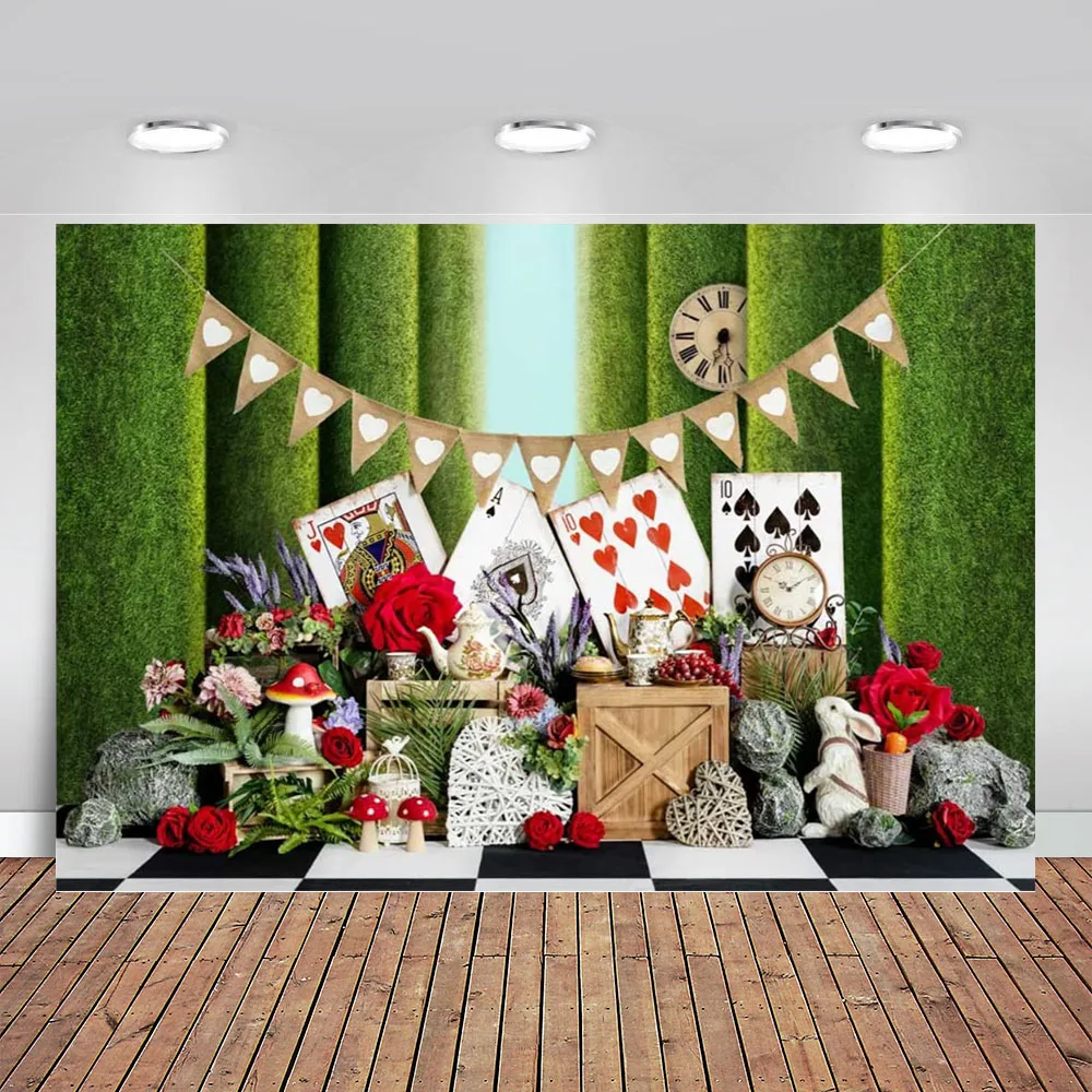 

Alice In Wonderland Playing Cards Roses Backdrop Rabbits Clock Cloth Background Photo Studio Props Photography Background