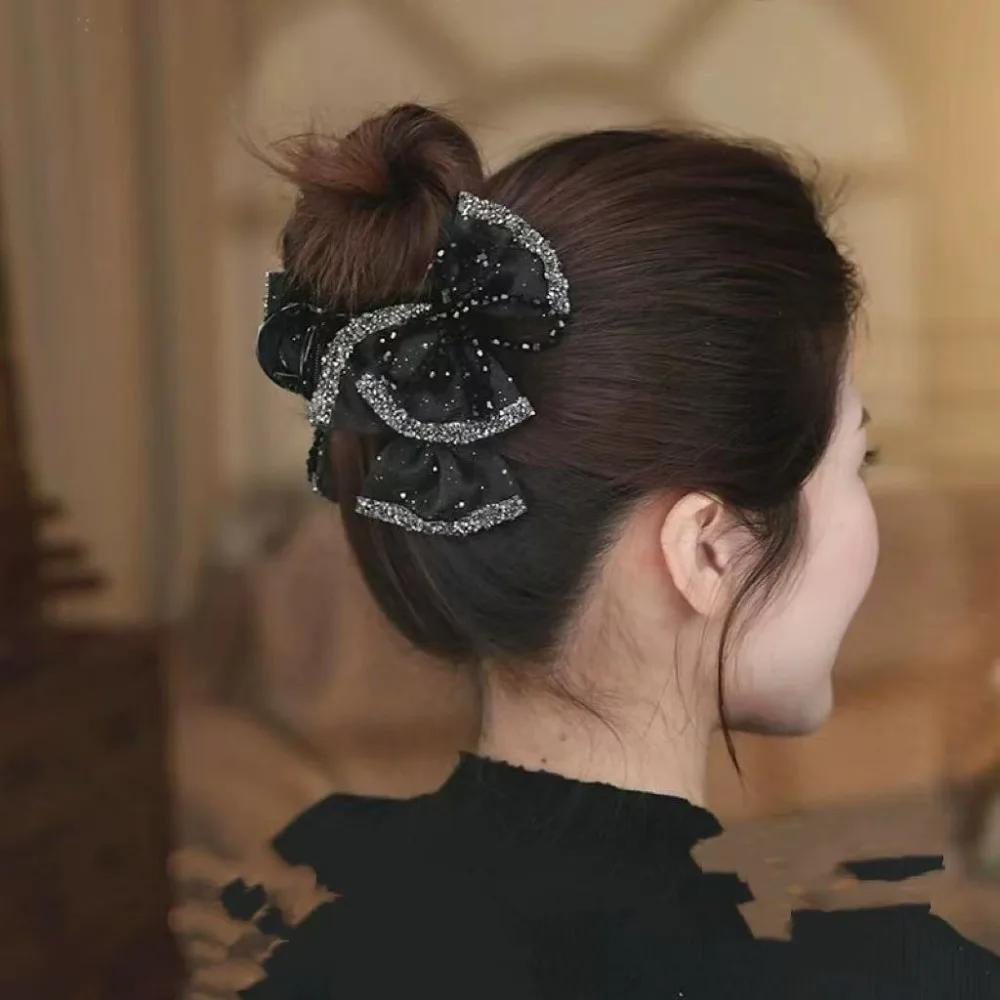

Fashion Beads Black Bow Shark Clip Elegant Polyester Shiny Rhinestone Hair Claw French Style Cloth Women Sequin Hairgrips Daily