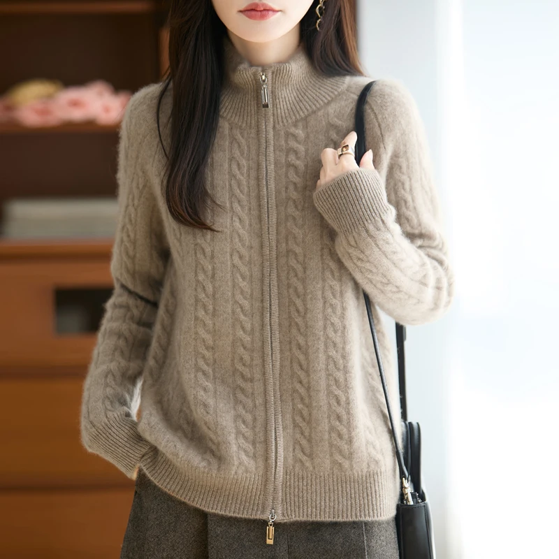 

Женский осенне-зимний новый стильный утолщенный кардиган на молнии из 100% шерсти, кашемировый свитер с витым цветком, однотонный вязаный топ с воротником