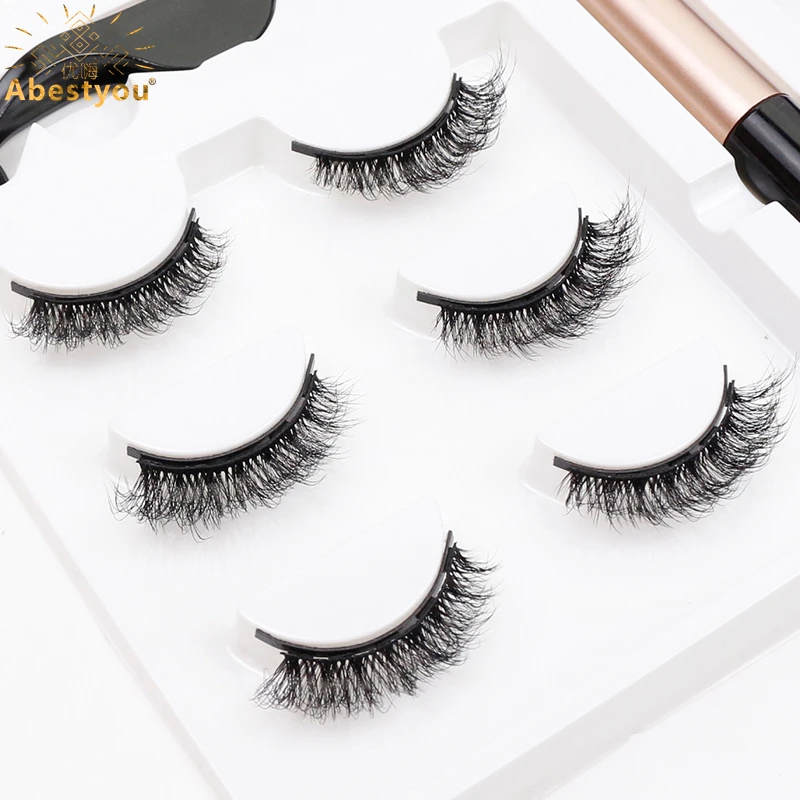 Abestyou 3pair Luxury 5d Mink Fluffy Natural 12-14mm Lashes Magnetic Eyeliner and Magnetic False Eyelashes with Applicator Kits