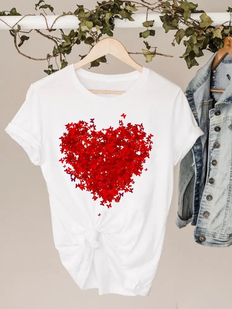 Graphic Tee Clothes 90s Sweet Love Heart Valentine Ladies Print T Clothing Summer Female Fashion Women's Short Sleeve T-shirts