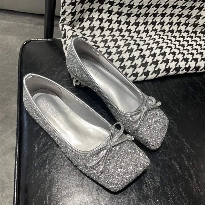 

Butterfly-Knot Silver Flat Sole Ballet Shoes Women Square Toe Sequins Shallow Sapatos Femininos De Luxo Slip On Fairy Style 2024