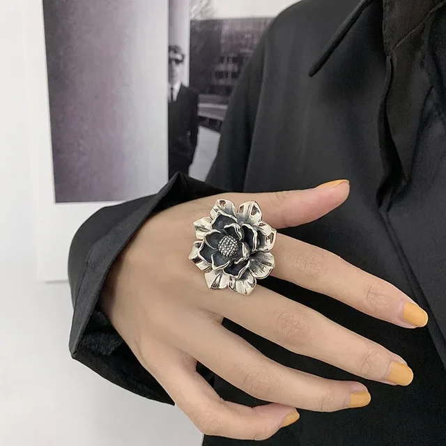 

Large Size Rose Lotus Silver Color Rings for Women Girls Fashion Creative Exaggeration Flower Vintage Punk Party Jewelry Gifts