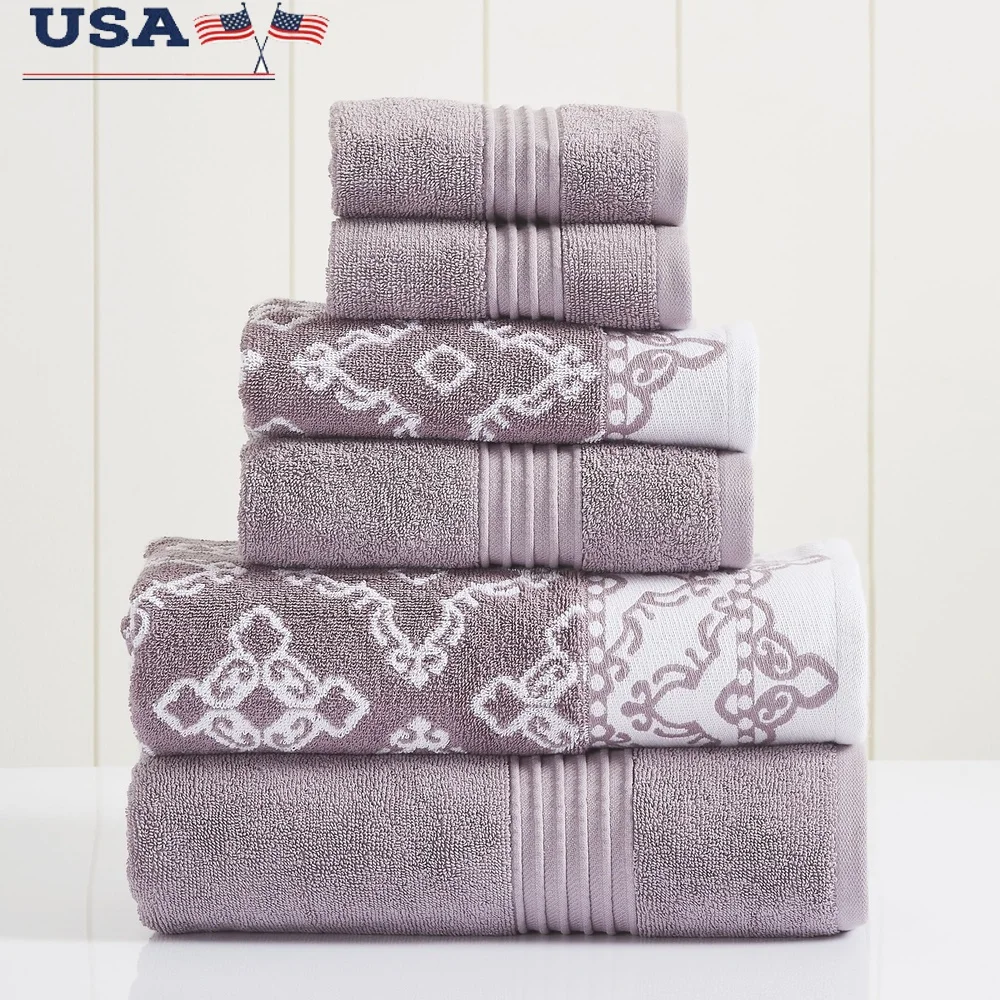 

6-Piece Cotton Bath Towel Set Soft Absorbent Quick Dry Medallion Design Hand Towels Washcloths Bathroom Decor