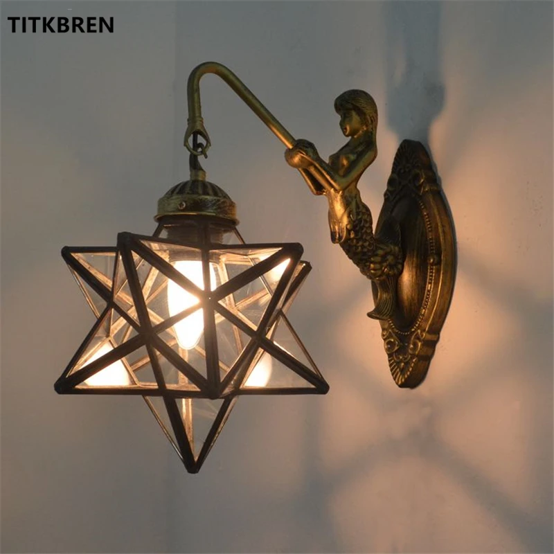 Tiffany Fashion Mermaid Stars Wall Light Bedroom Bedside Wall Lamp Mediterranean Stained Glass Mirror Front Lamp Sconce Fixtures