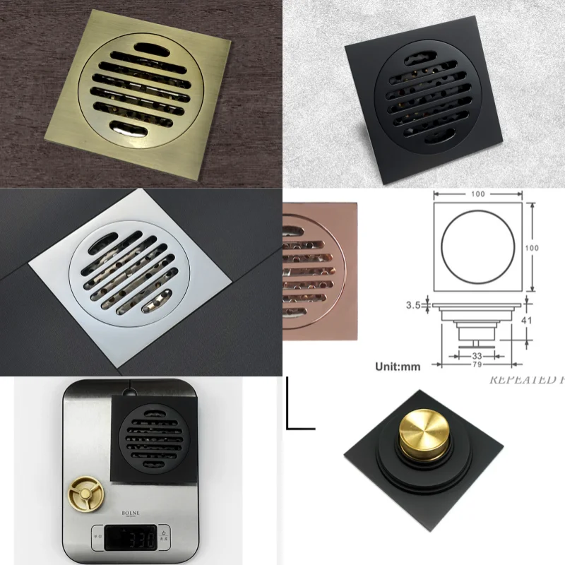 Deluxe Brushed Rose Gold Square 10CM Tile Embedded Hidden Brass Floor Drain Garbage Grille Bathroom Shower Drain