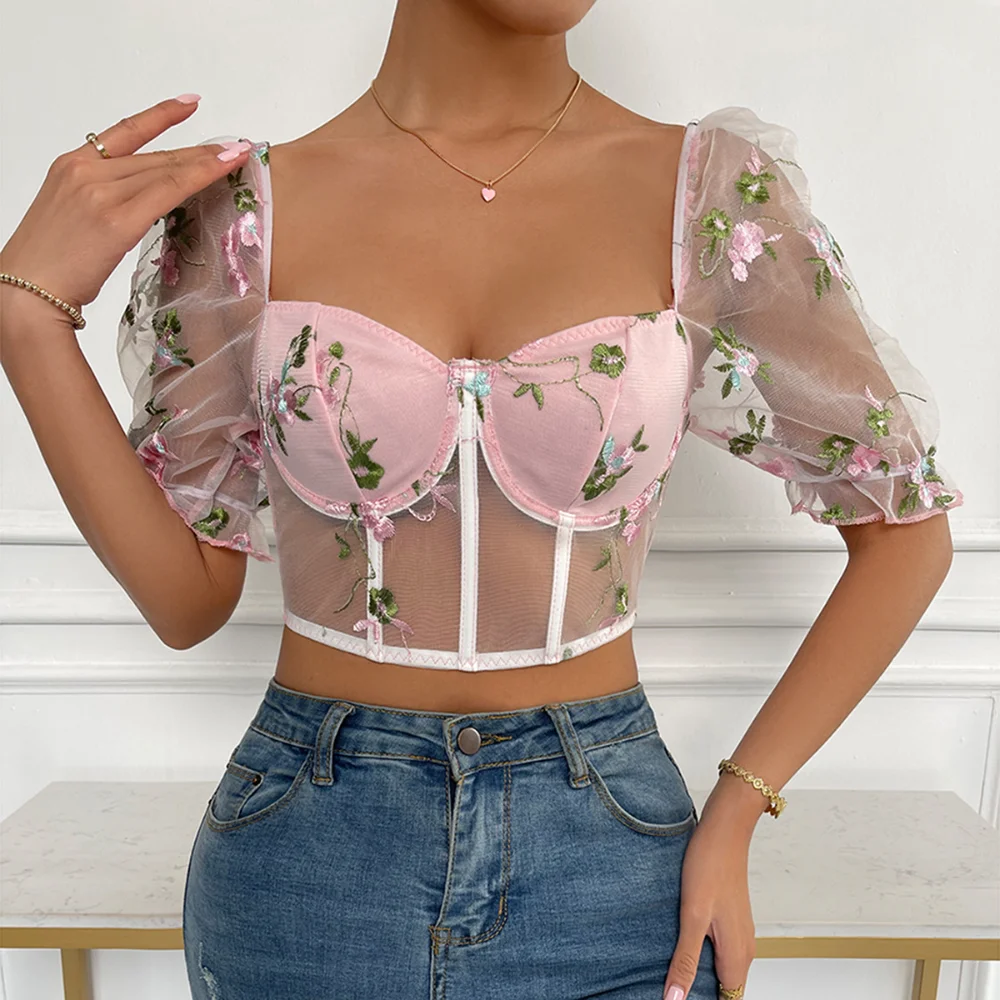 

Meqeiss Embroidery Floral Women Blouse Summer Square Collar Streetwear Korean French Sweet Fashion Short Puff Sleeve Mesh Tops