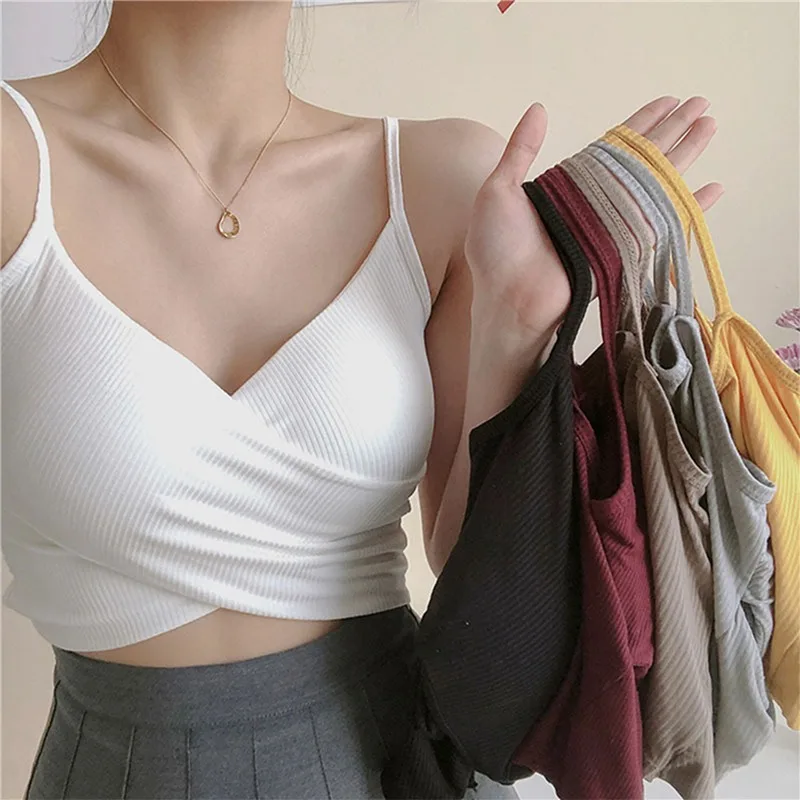 Women Sexy Crop Top V-neck Sports Bra Female Tube Tops Gym Sleeveless Camis Seamless Lingerie Tee Bra Bandeau Crop Top Tank