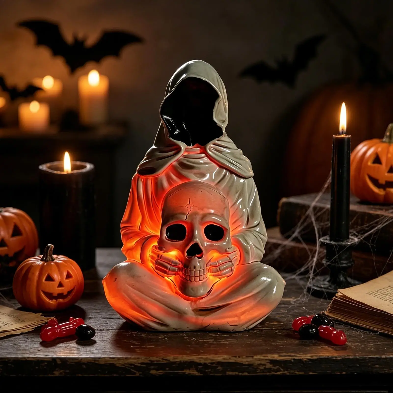 Halloween Figurine Resin Reaper Skull with Light LED Halloween Figurine for Bedroom Study Room Office Desk Bookshelf Entrance