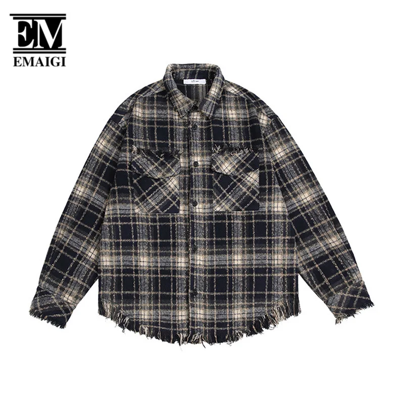 Autumn Men Tassel Decoration Vintage Fashion Loose Casual Long Sleeve Plaid Shirt Coat Cityboy Japan Streetwear Shirts Jacket