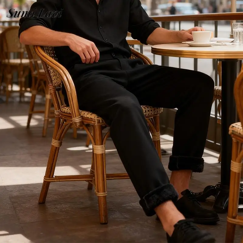 

Vintage Men's Solid Color Fleece Lined Trousers 2025 Autumn Winter Fashionable Slim Fit Straight Pants Men New Casual Bottoms