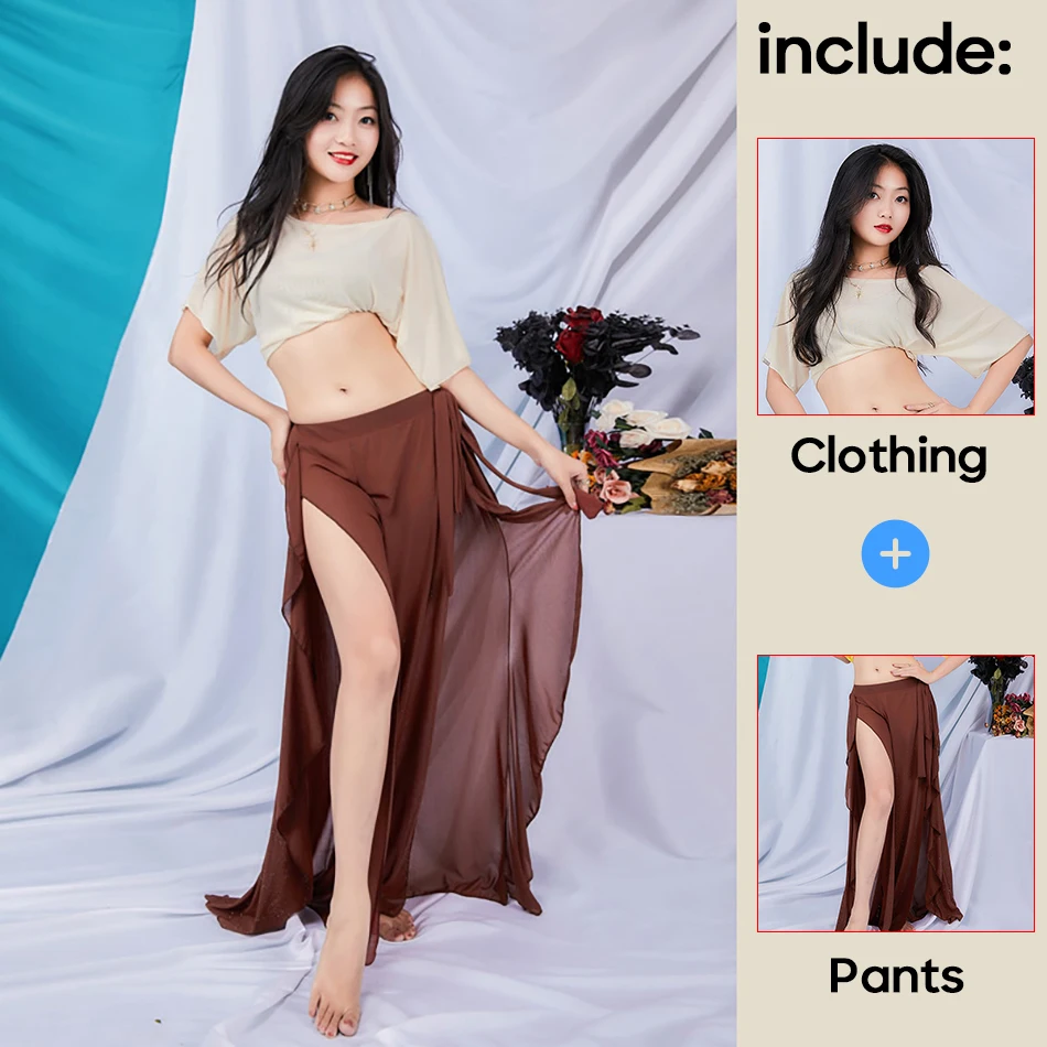 Belly Dance Practice Clothes Thin Sexy Dancing Outfit Top and Split Skirt 2 Pcs Set For Adult Women Stage Performance Worksuit