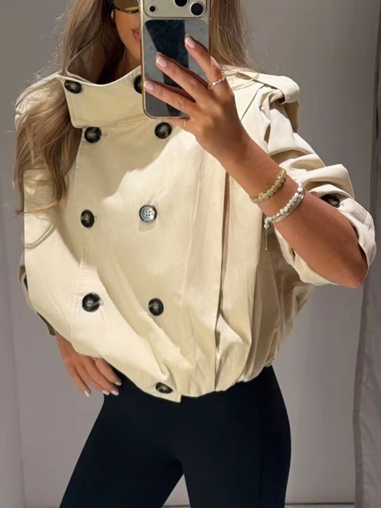 TFMLN 2026 Women Cropped Trench Coat Stand Collar Double Breasted Pleated Short Windbreaker Fashion Casual Outerwear Female