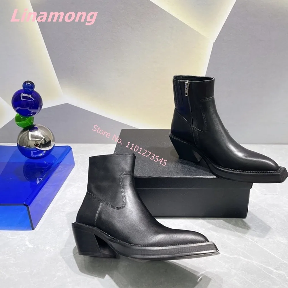 2024 Winter New Women Solid Ankle Boots Leather Free Shipping Luxury Pointed Toe Gladiator Square Low Heel Cool Office Shoes