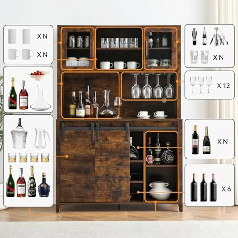 70'' wijnkoffiebarkast met opberghok, hoge keukenkast drankkasten met schuifdeuren, barkast