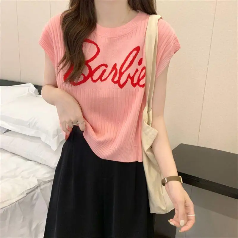 Barbie Sleeveless Crew Neck Sweater Cartoon Casual Top Cute Slim Fit Woolly Anime Short Style Knit Shirt Cute T-Shirt Girl Gift