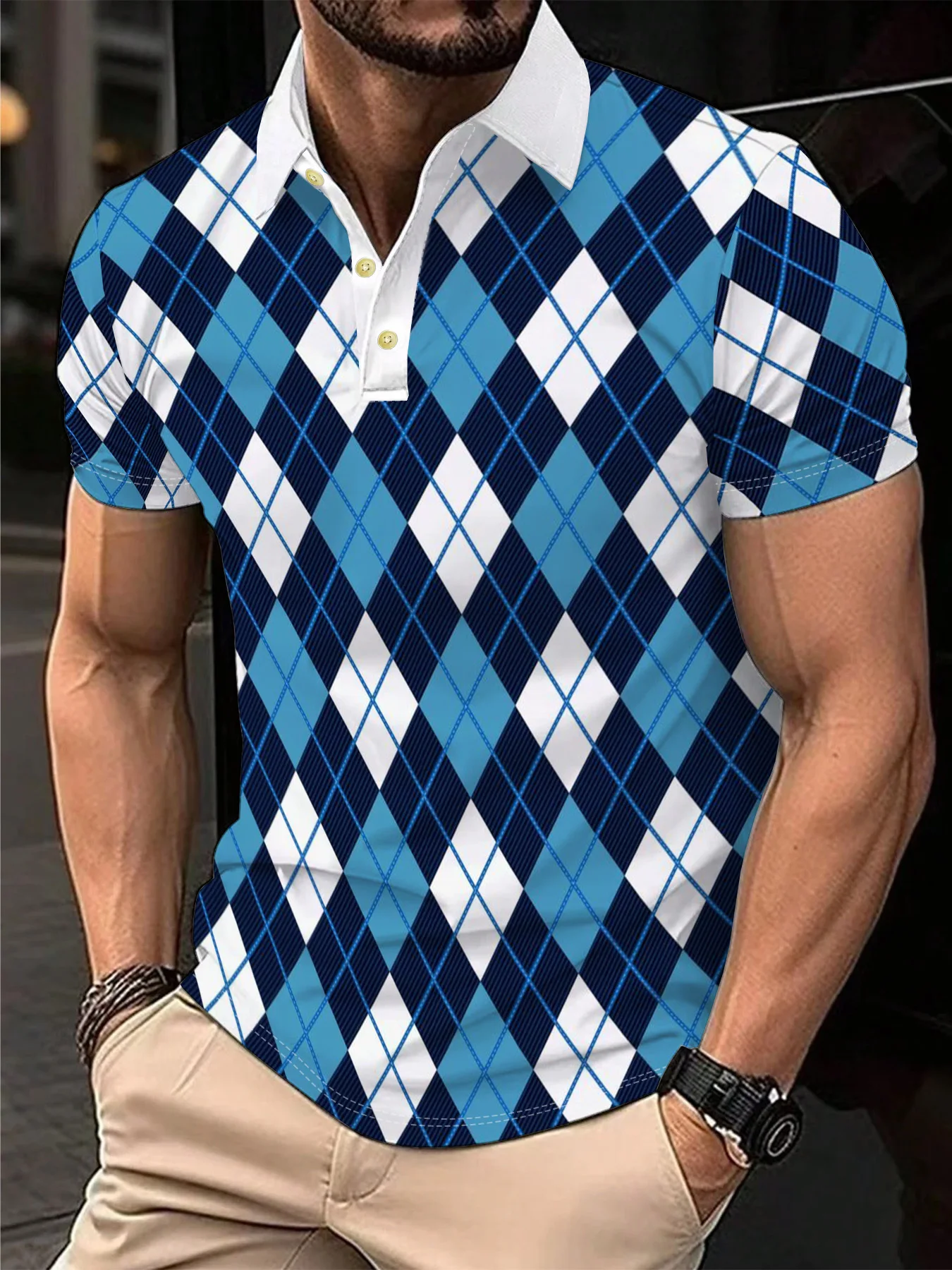 Das neue Herren-POLO-Shirt mit kurzen Ärmeln im Sommer 2025, verfügt über einen lässigen, modischen und bequemen 3D-Karomusterdruck