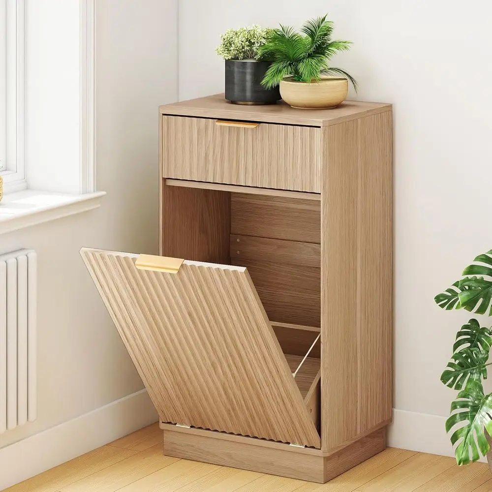 

10 Gal Single Tilt Out Trash Can Cabinet with Storage Drawer- Fluted Kitchen Trash Cabinet Tilt Out Garbage Cabinet for Kitchen,