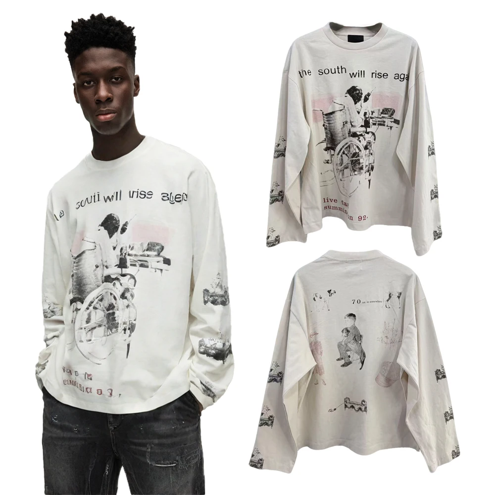 Y2k Streetwear Retro Print Graphic T Shirts Street Style Cotton Distressed Subculture Oversized Casual Clothing Full Sleeve Tees