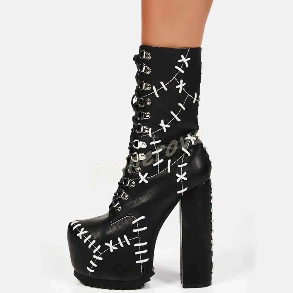 Block Heel Ankle Boots - ゴシックプラットフォームミッドカーフブーツ ホワイトステッチ パッチワーク ラウンドトゥ ブロックヒール レースアップシューズ