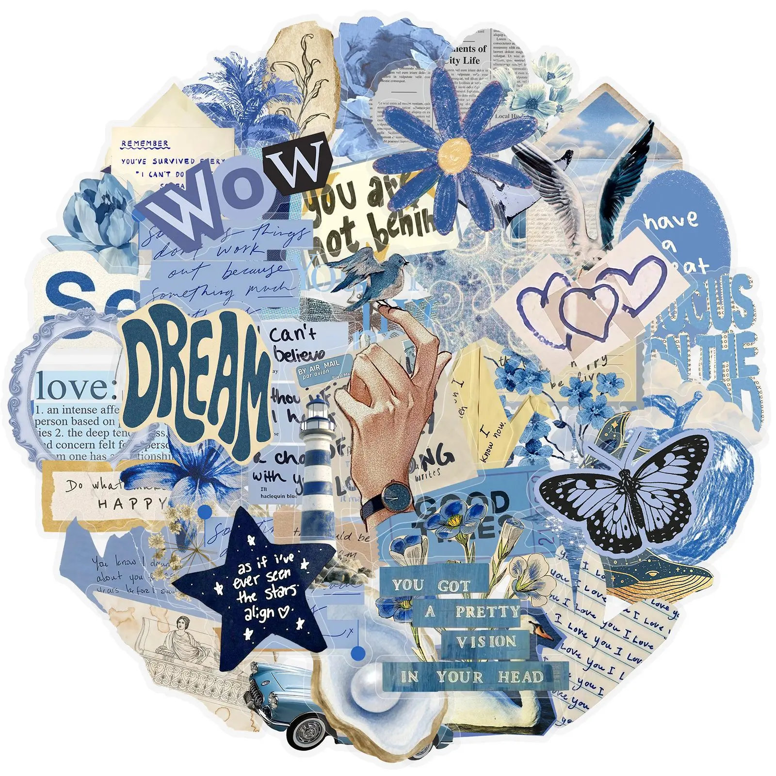 50PCS Retro Artistic Blue Ocean PET Graffiti Stickers Decoration Luggage Phone Guitar Cup Scrapbook Waterproof Sticker Kid Toys