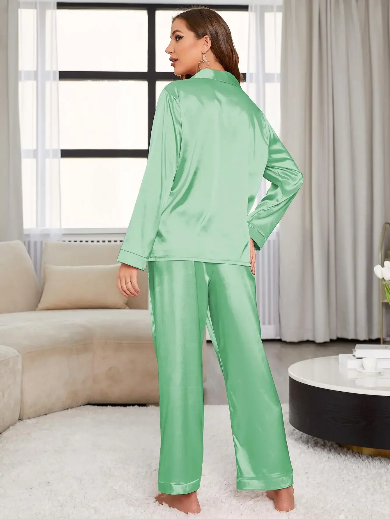 Silk Satin Women Pajama Set Long Sleeve Front Button Top & Wide Leg Pants Sleepwear 2 Pieces Female Nightwear Homewear Cloth