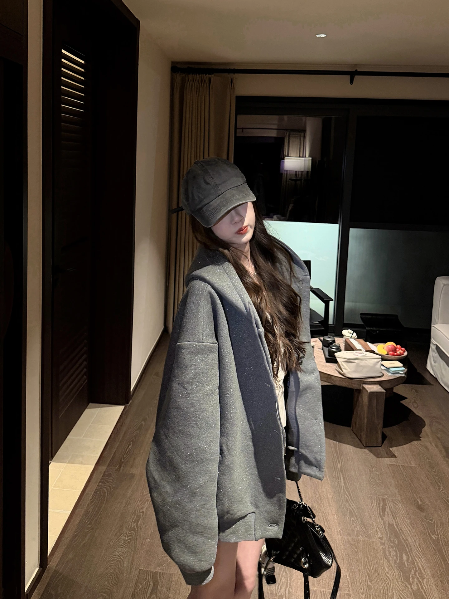 

Cuitcuit Shiny Starlight Heavyweight Glittery Fleece Hoodie Women's Loose Fit Open Cardigan Jacket Cotton Polyester Blend Lon...