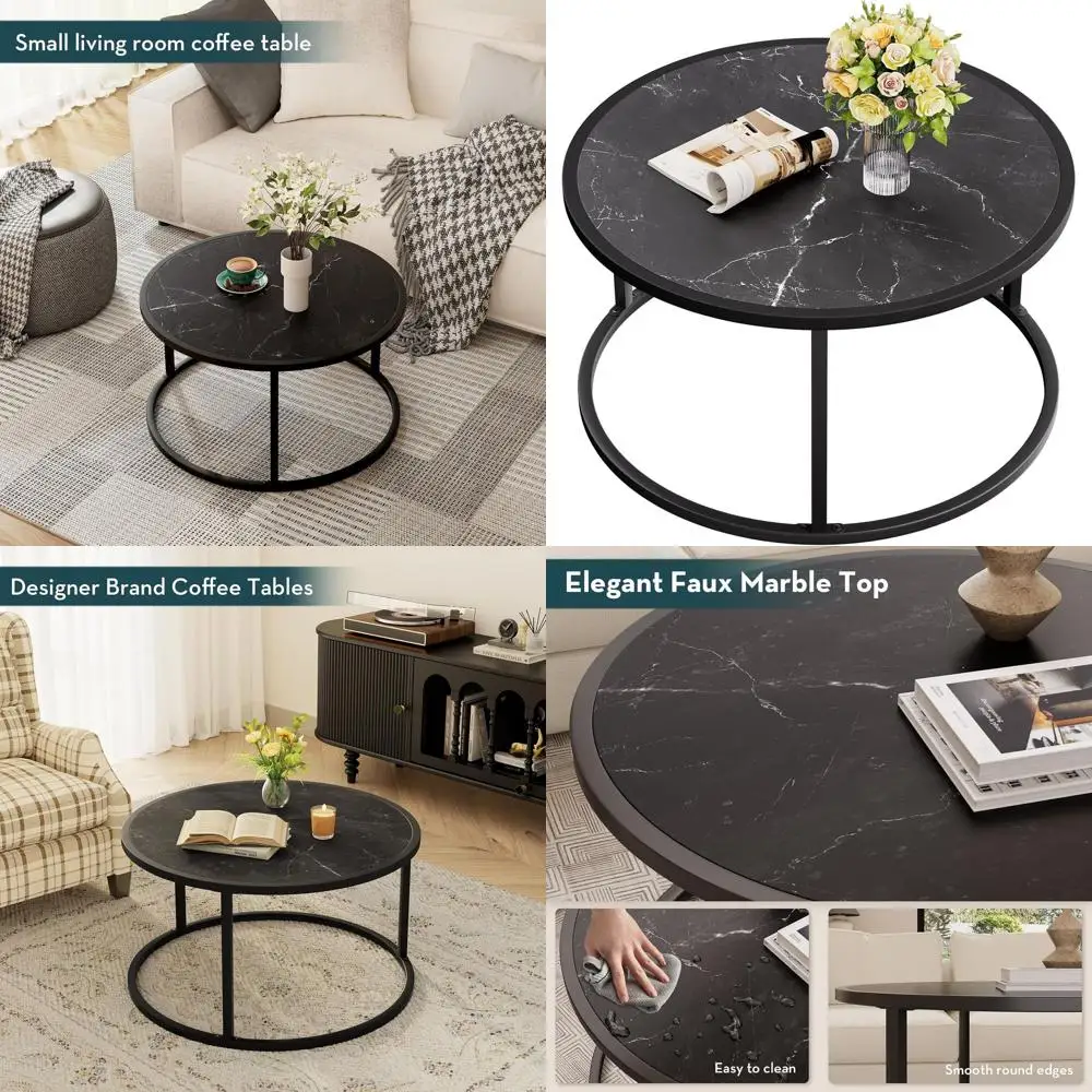 

Modern Round Marble-Top Coffee Table with Metal Frame for Small Living Rooms, 27.6 x 27.6 x 17.7, Faux Marble