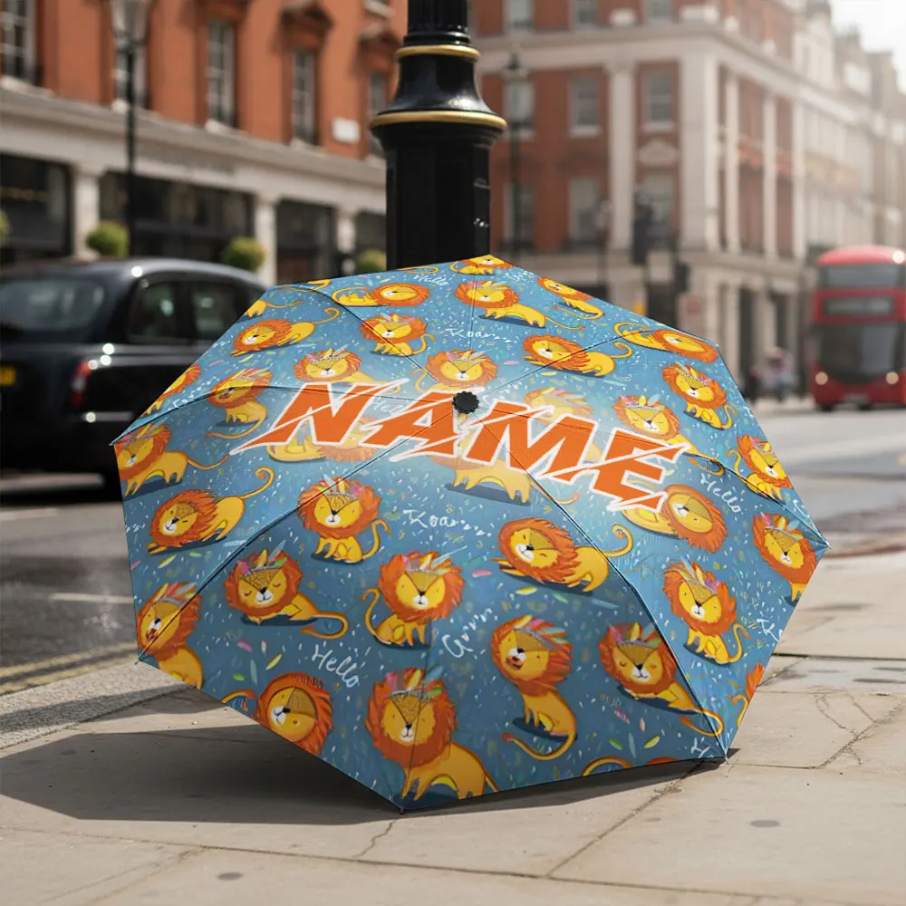Custom Name umbrella, Colorful Cartoon Lion Pattern Umbrella Perfect Fashion Folding Umbrella for Sunny and Rainy Days, Gift