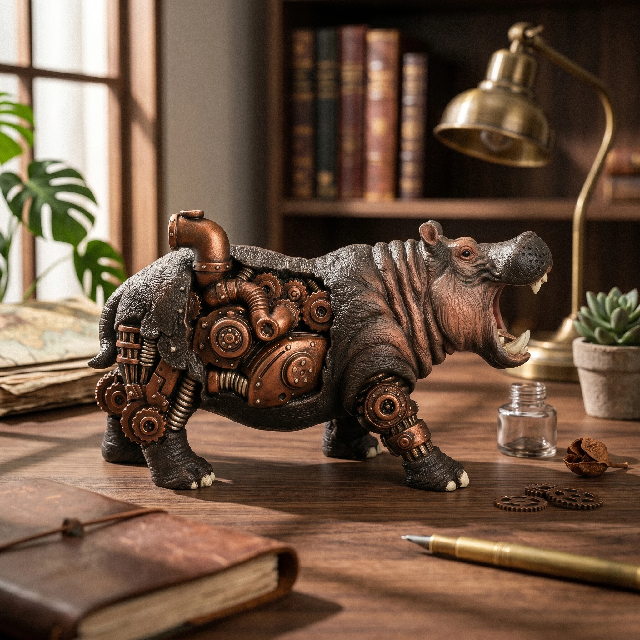 Mechanical Rhino Figurine Metal-Like Finish Steampunk Rhino Statue Industrial Design Creature Model 3D Carved Texture Home Decor