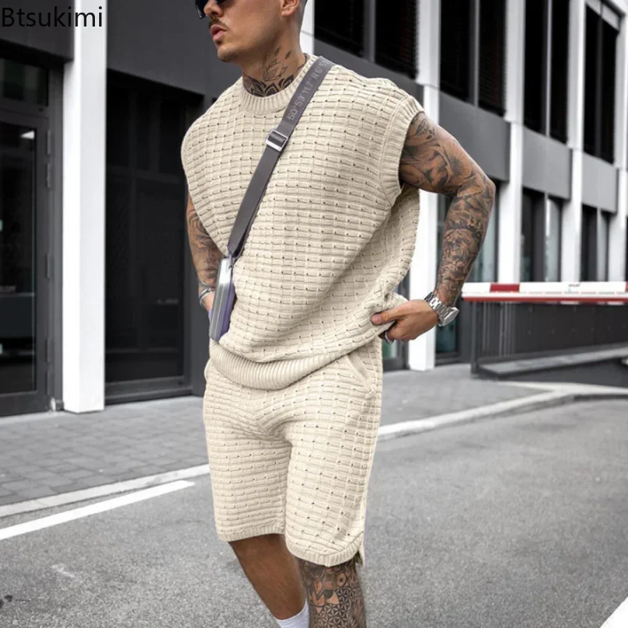 Novo 2024 conjuntos casuais de duas peças dos homens para o verão sólido sem mangas topos camisas e shorts conjuntos masculino streetwear conjuntos
