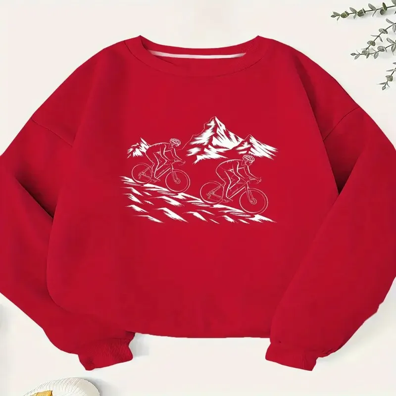 

Winter Fall Clothes Women Pluse Size Sweatshirt Female Graphic Green Mountain Bike Climbing Cyclists Art Fashionable Design