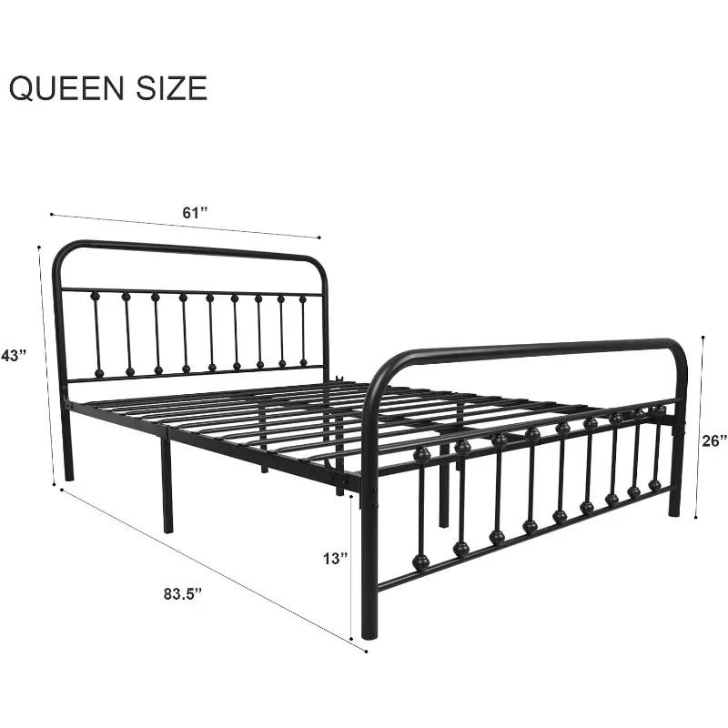 NACHTIMOOR-Queen Metal cama quadro com cabeceira e estribo, estilo vitoriano vintage colchão fundação